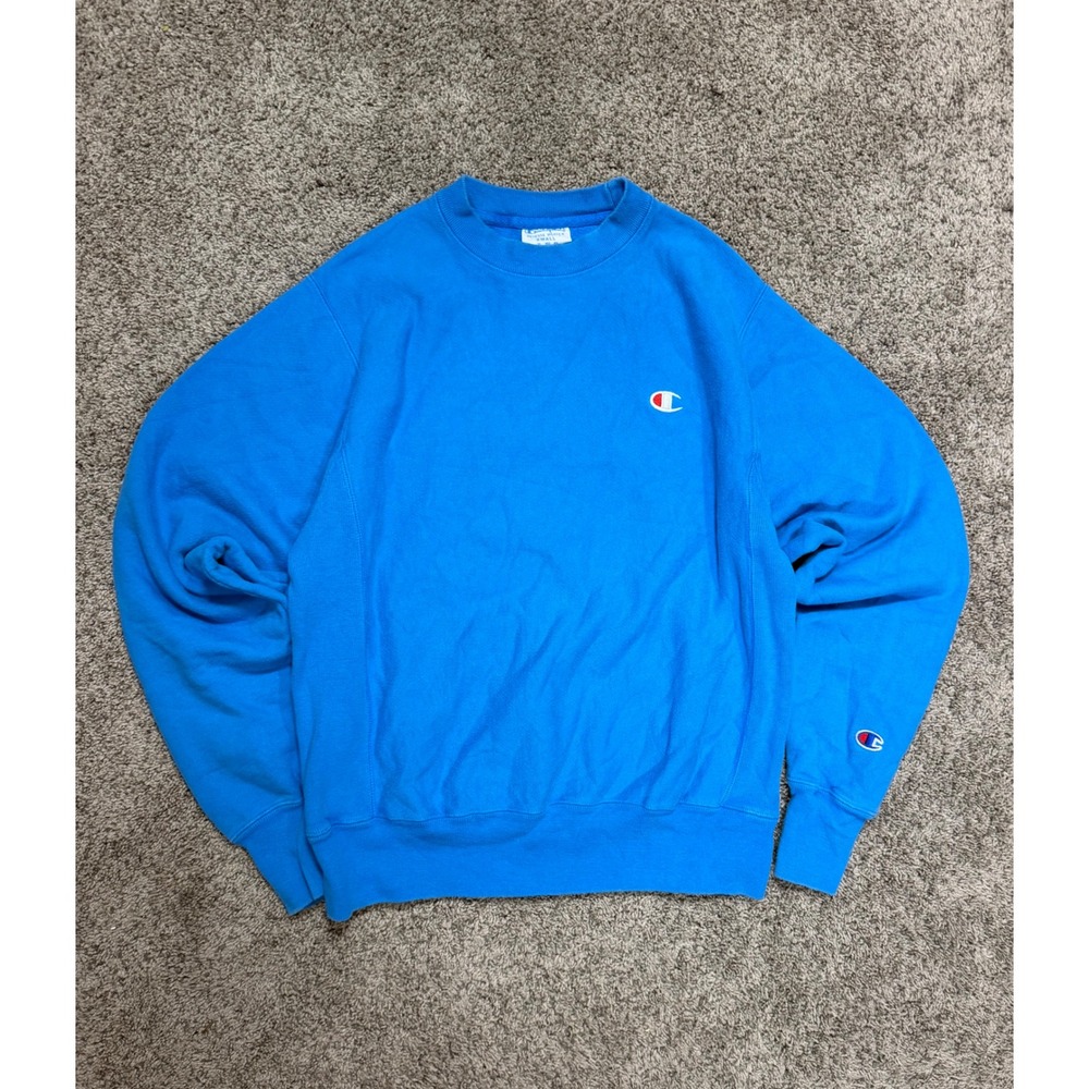 Champion Reverse Weave Sweatshirt Blue Crewneck Pullover Small Logo Mens S